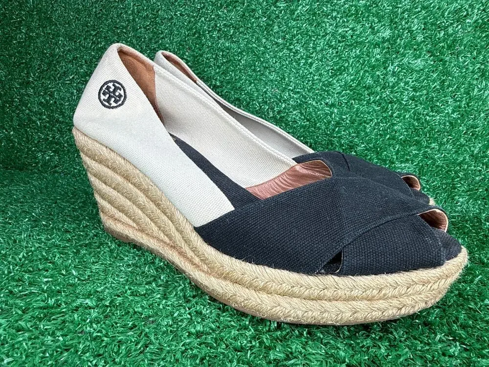 Tory Burch US 10B Filipa Espadrille Wedge Beige Black Heels